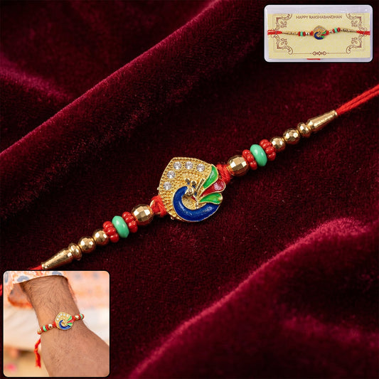 Colorful peacock design Rakhi with decorative beads and intricate details