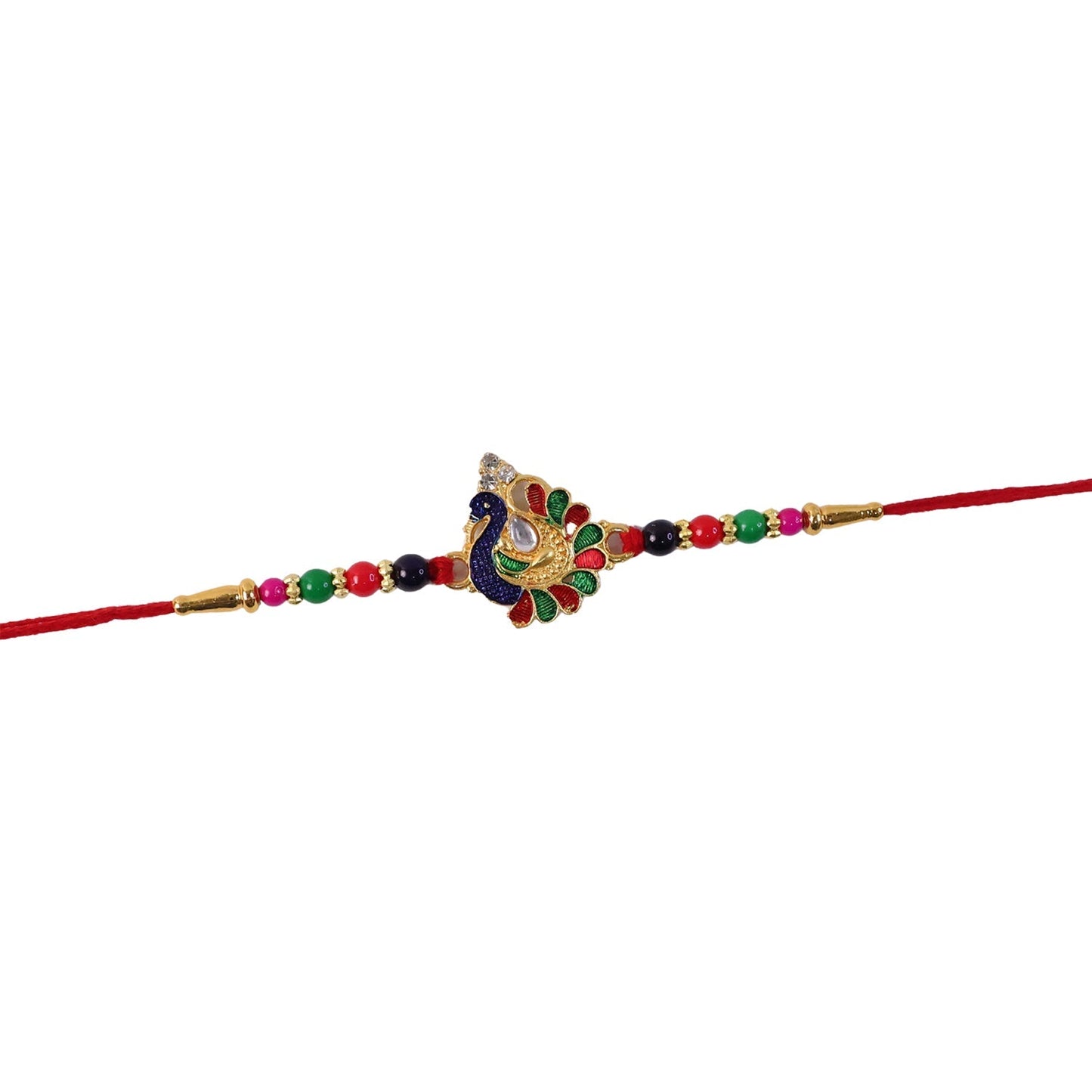Colorful multicolor bead design on peacock Rakhi