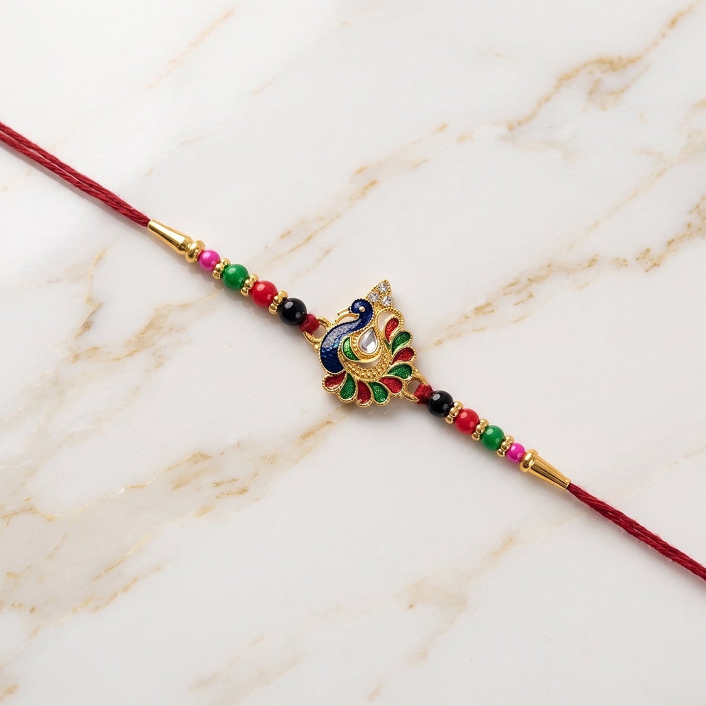 Elegant peacock Rakhi with soft thread and decorative beads