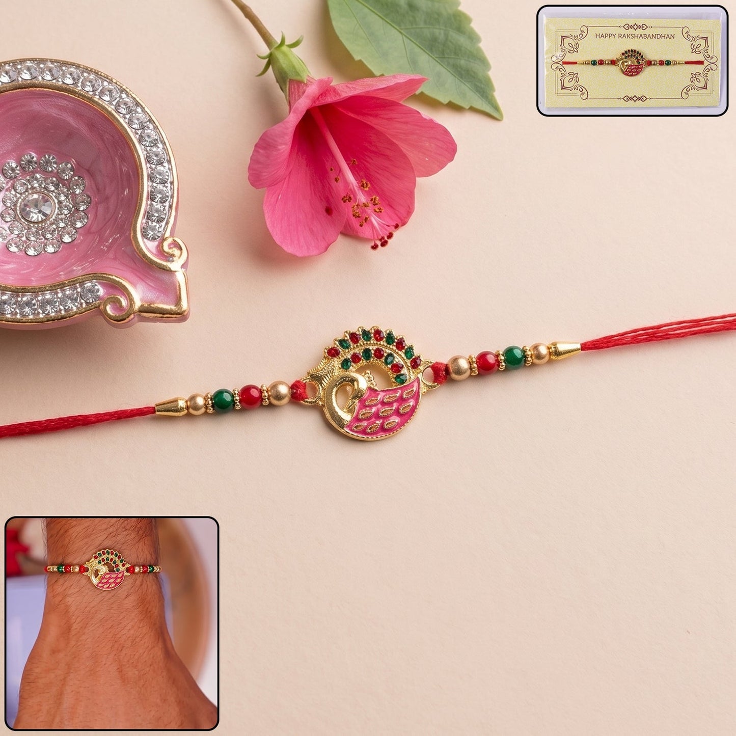 Pink Peacock designer Rakhi with decorative beads and stylish centerpiece