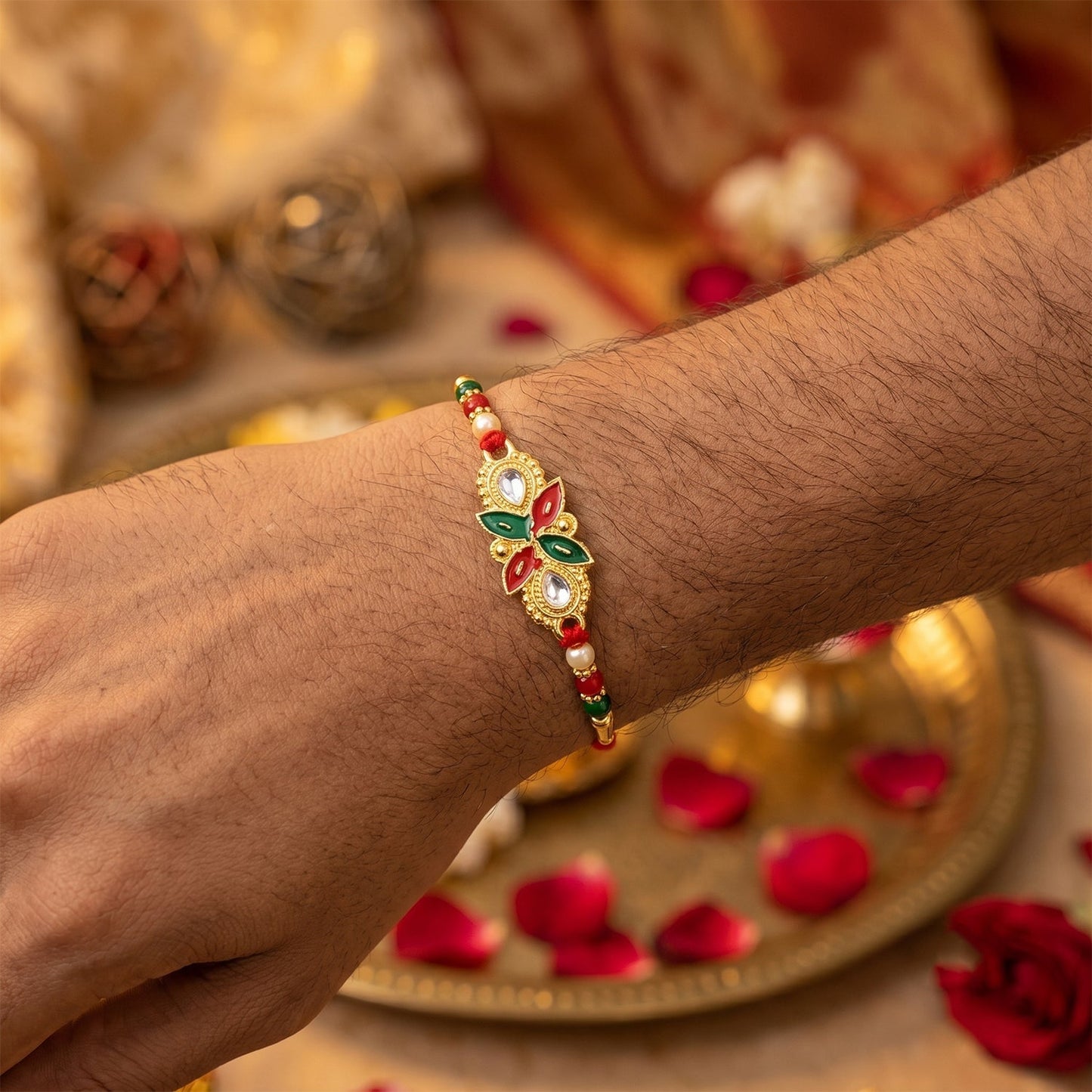Close-up of decorative beads on floral leaf Rakhi showing vibrant colors