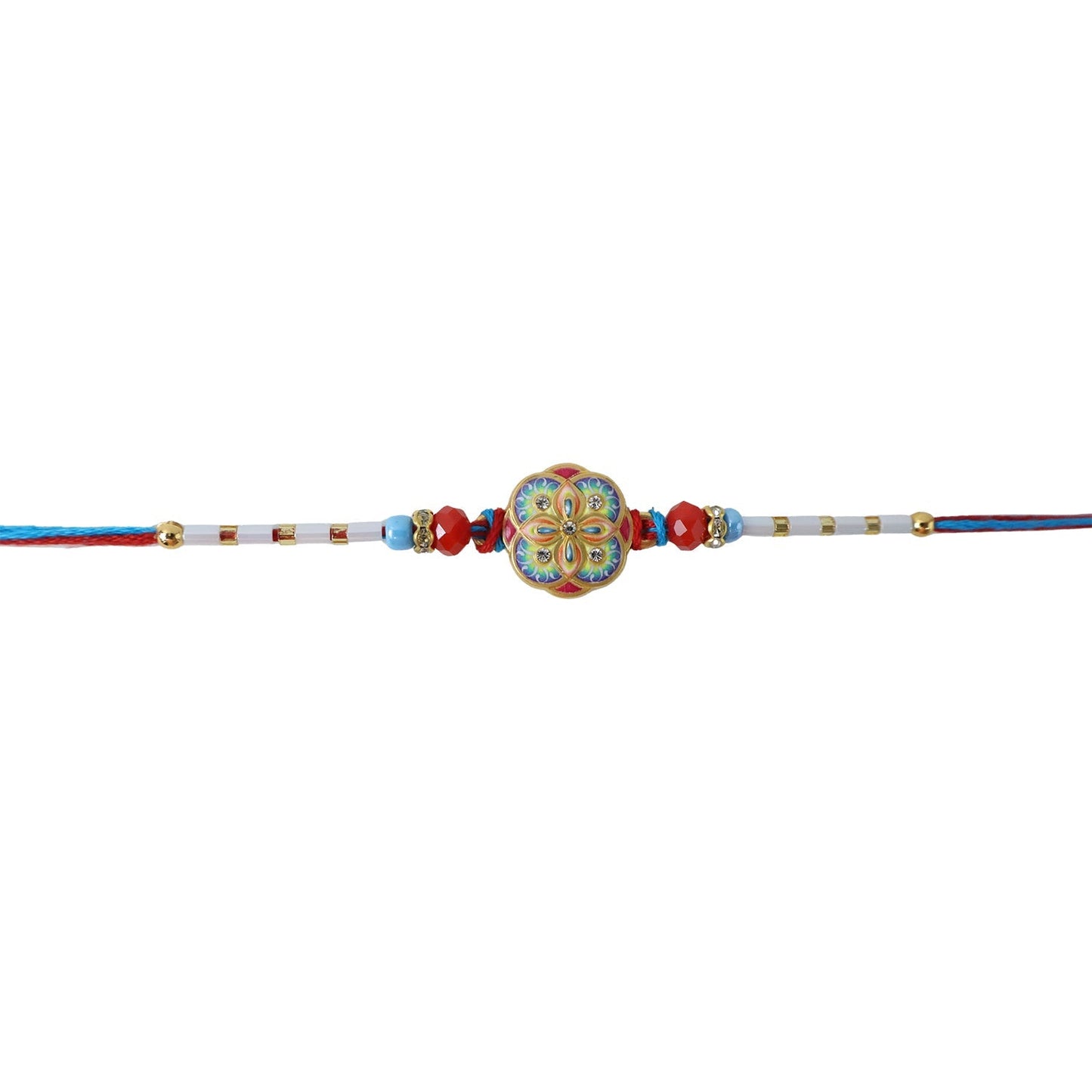Flat lay of multicolor floral Rakhi with beads visible