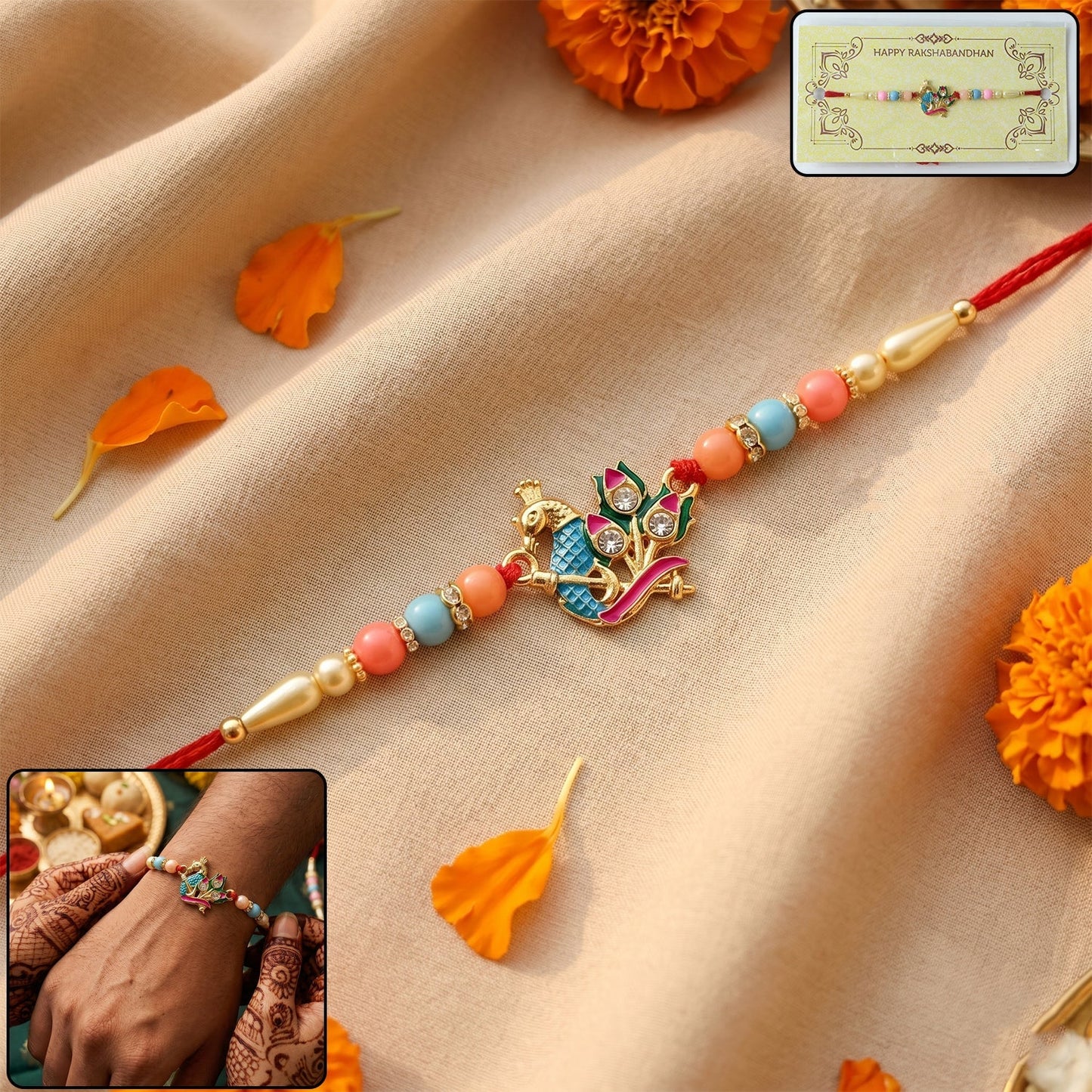 Elegant Peacock Rakhi with pastel beads, front view