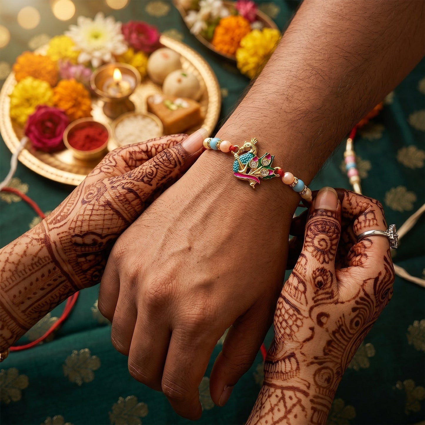 Close-up of peacock centerpiece on Rakhi with beads