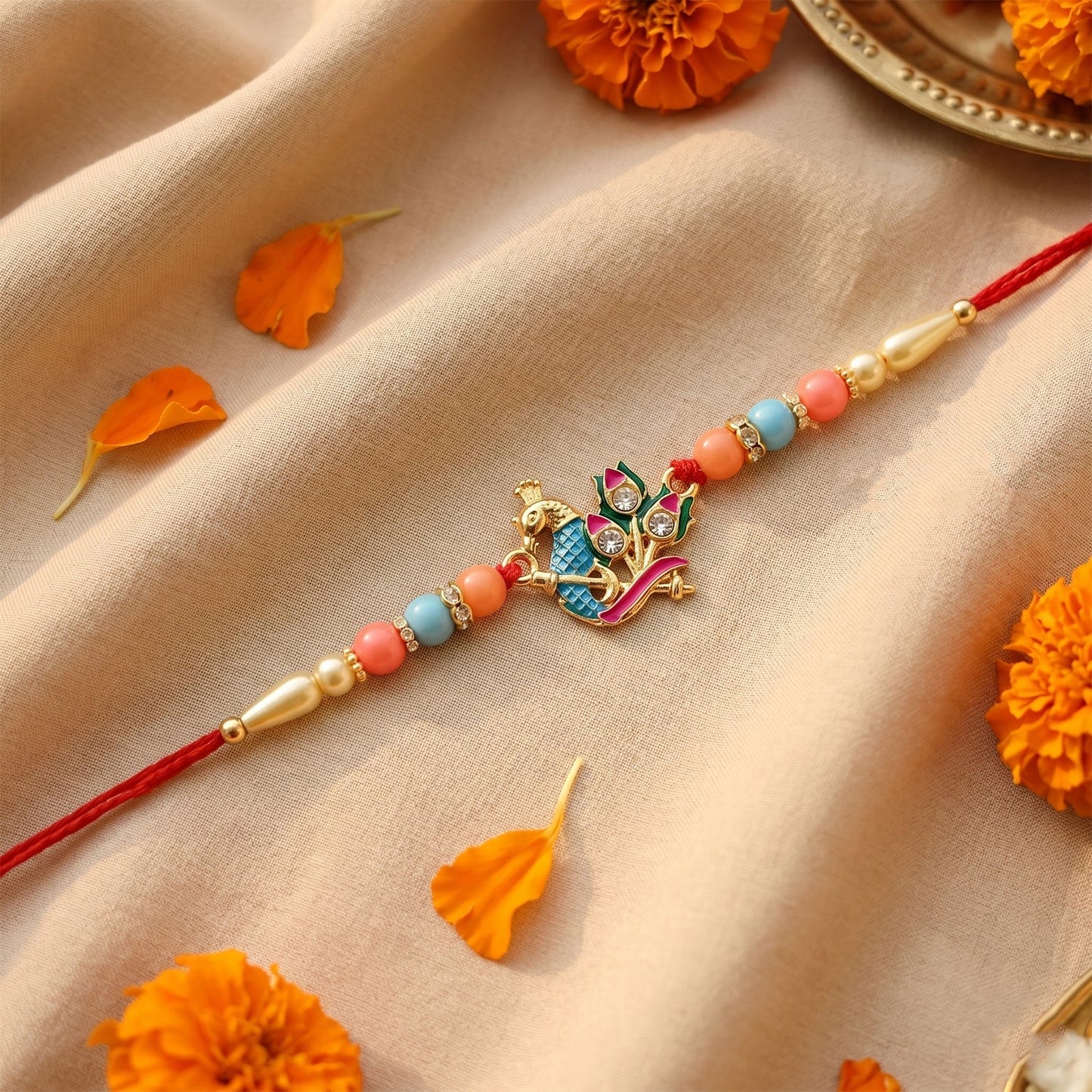 Designer Peacock Rakhi displayed on festive background