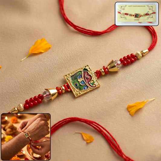 Traditional square motif Rakhi with red beads front view