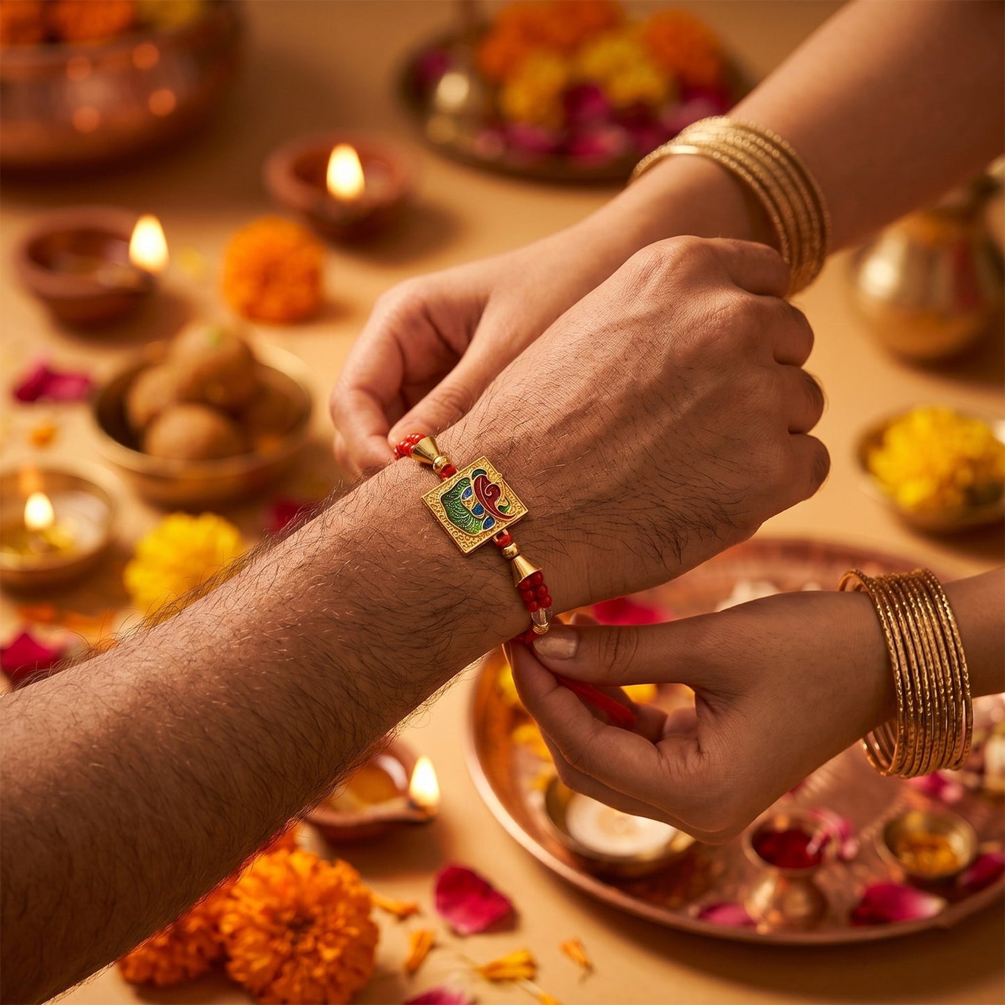 Close-up of red beads on decorative Rakhi