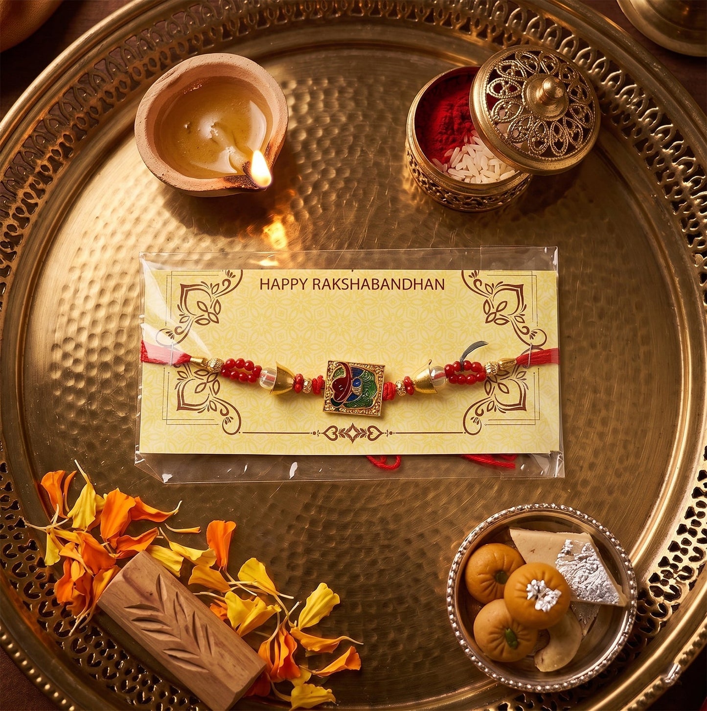 Square centerpiece design of Rakhi with intricate detailing