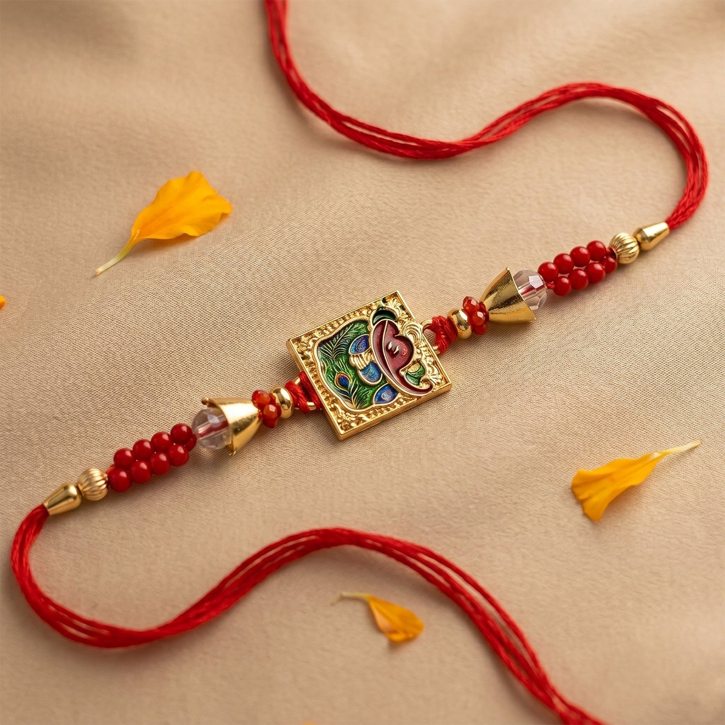 Stylish centerpiece of Rakhi showing detailed beadwork