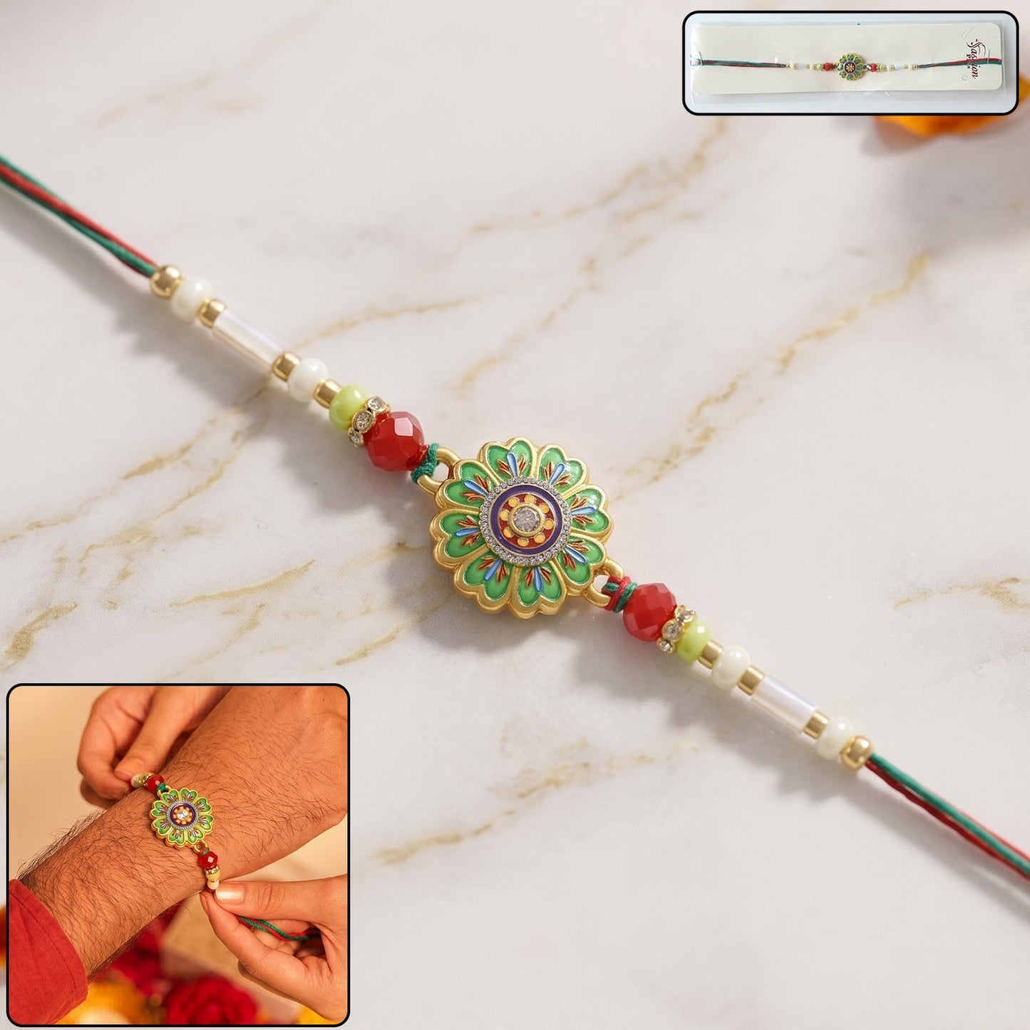 Floral round rakhi with colorful beads on soft thread