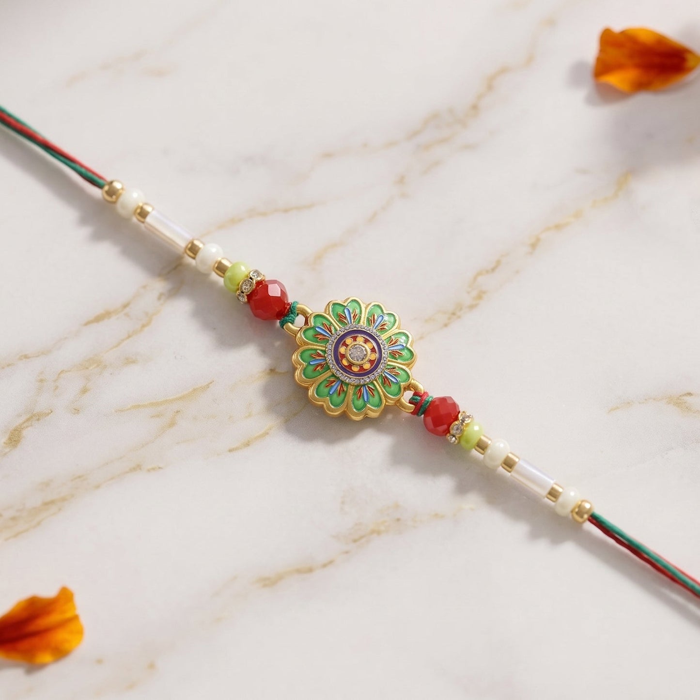 Side view of floral round rakhi showcasing bead details