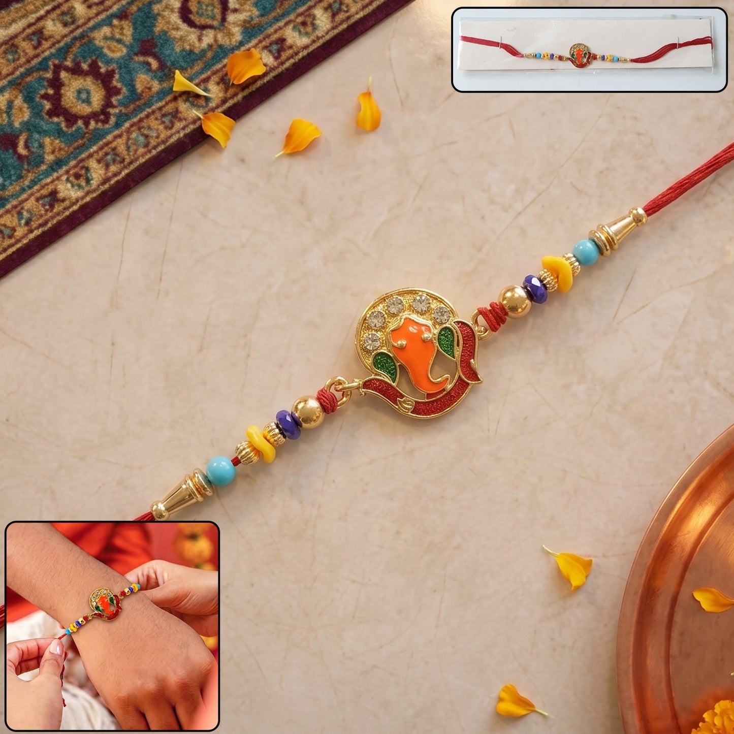 Colorful Ganesh design Rakhi with decorative beads for Raksha Bandhan