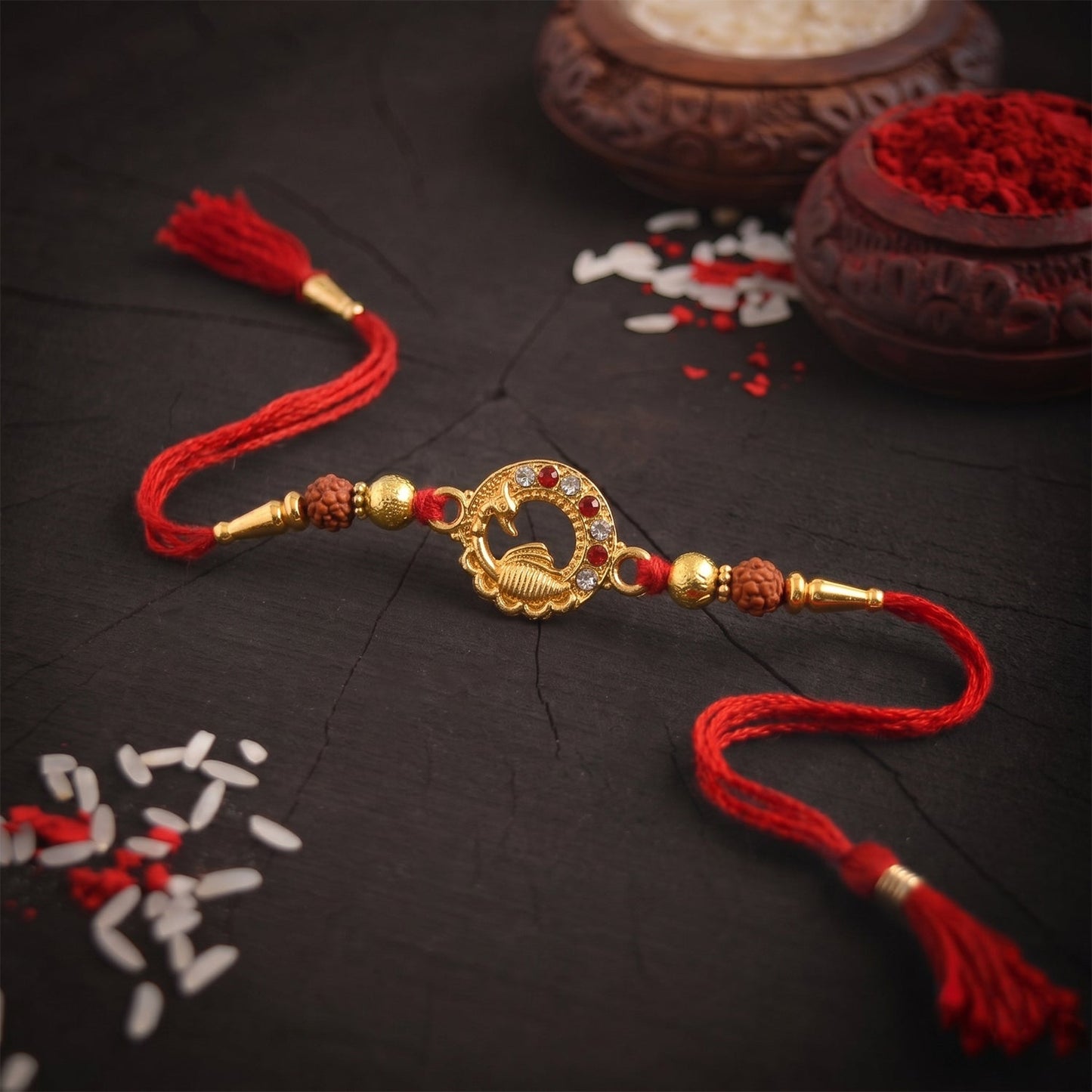 Traditional golden peacock Rakhi featuring Rudraksha beads
