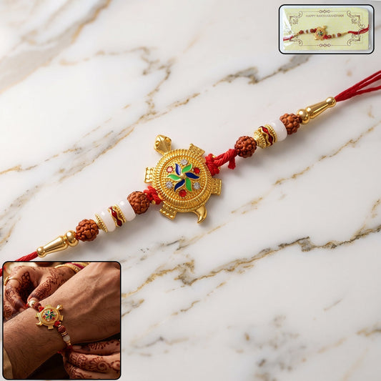 Traditional turtle design Rakhi with Rudraksha beads front view