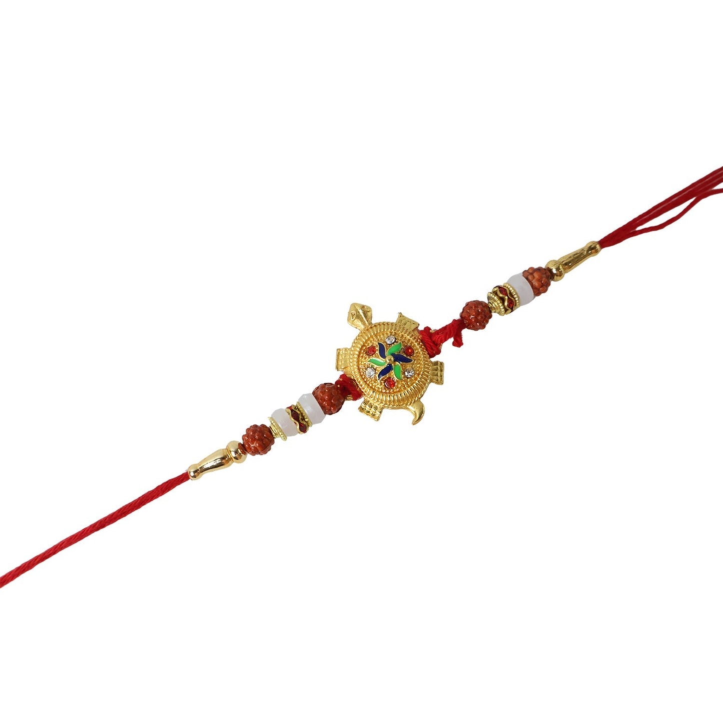 Details of soft thread and Rudraksha beads on Rakhi