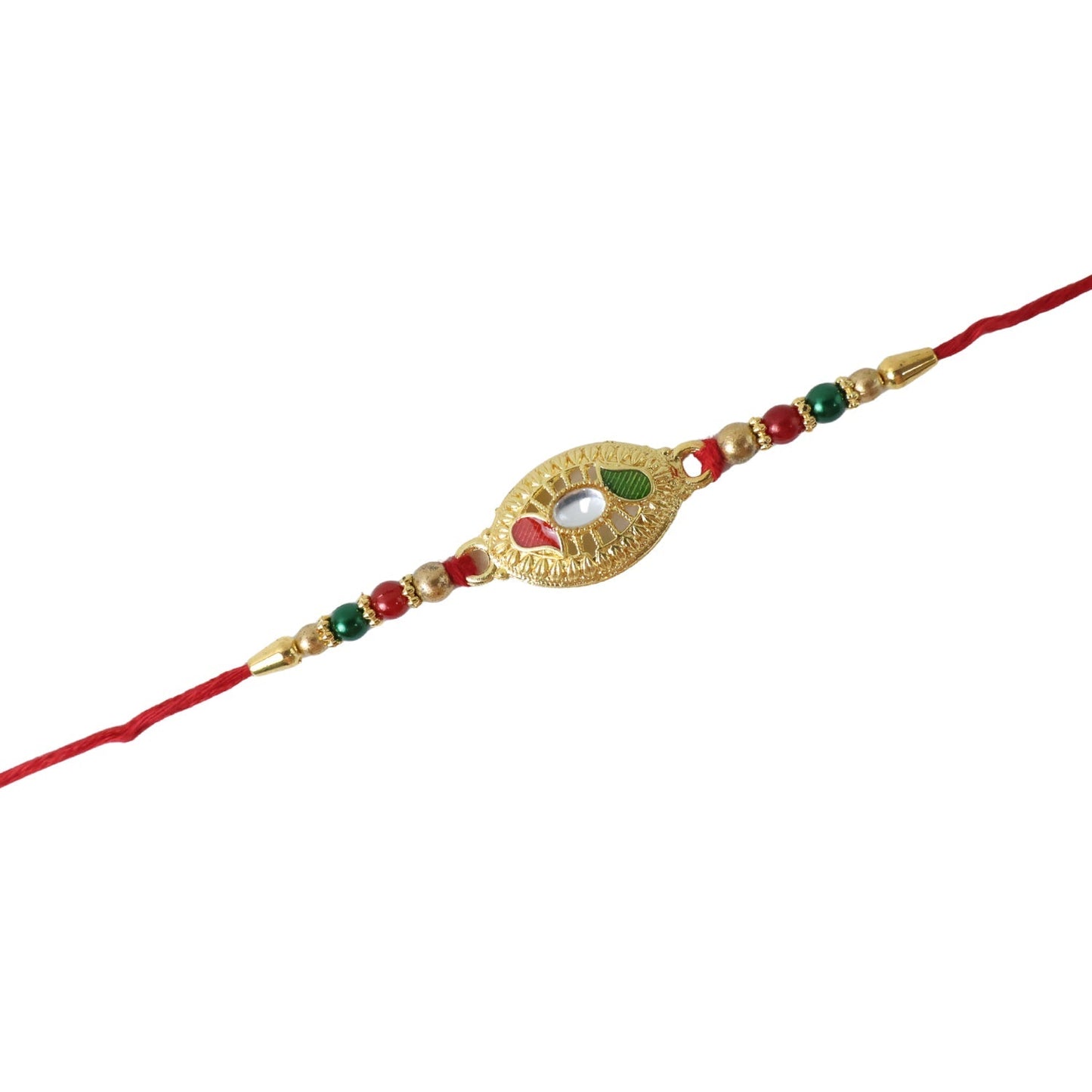 Festive golden Rakhi with colorful beads and intricate design