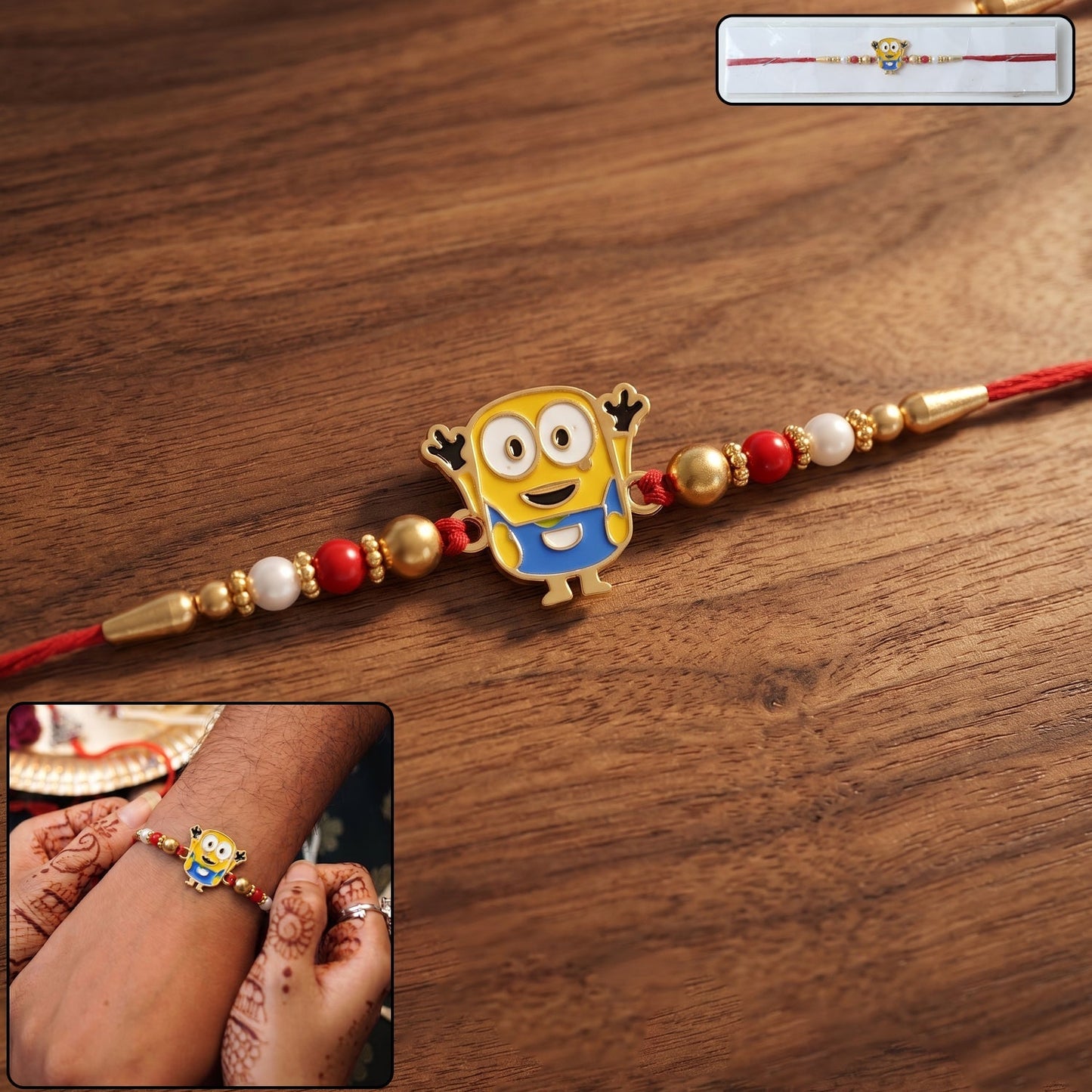 Cute cartoon character Rakhi with decorative beads on soft thread