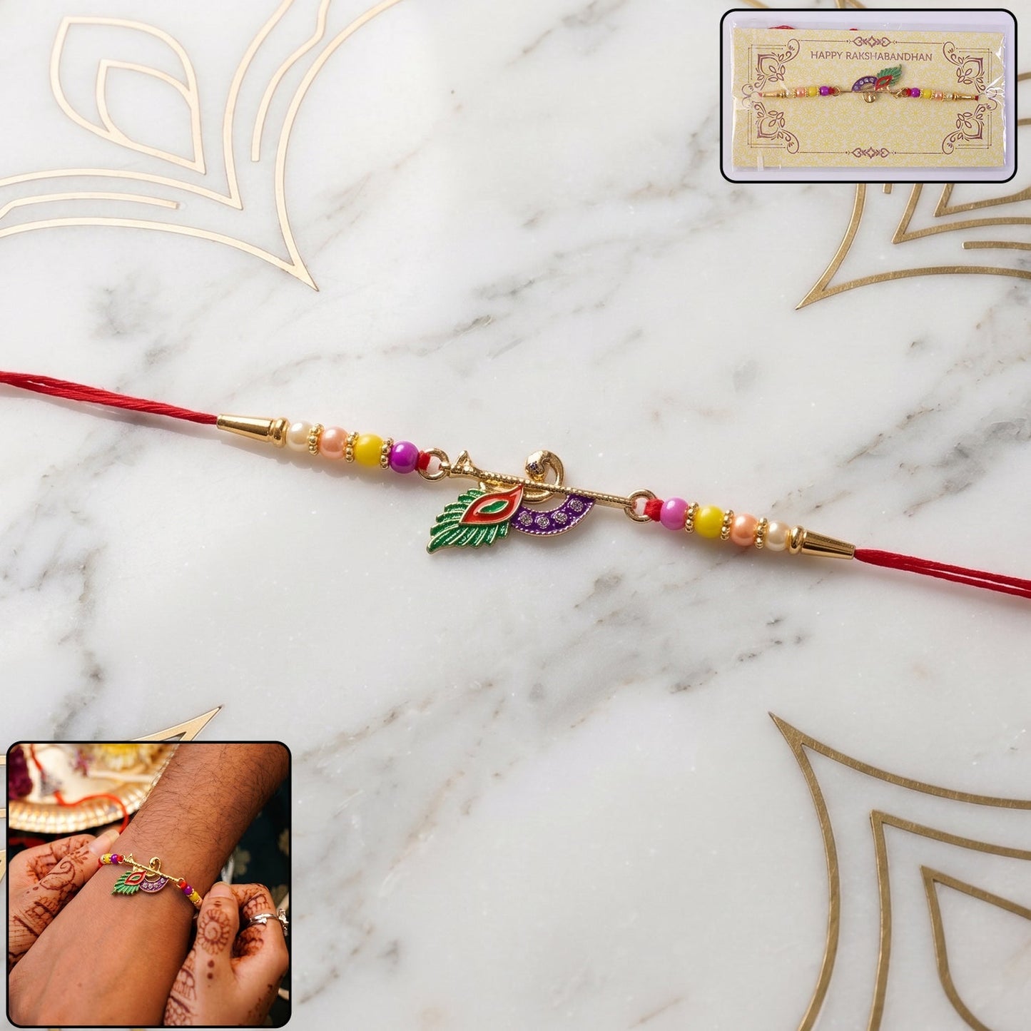 Peacock Feather Flute Design Rakhi with decorative beads on soft thread