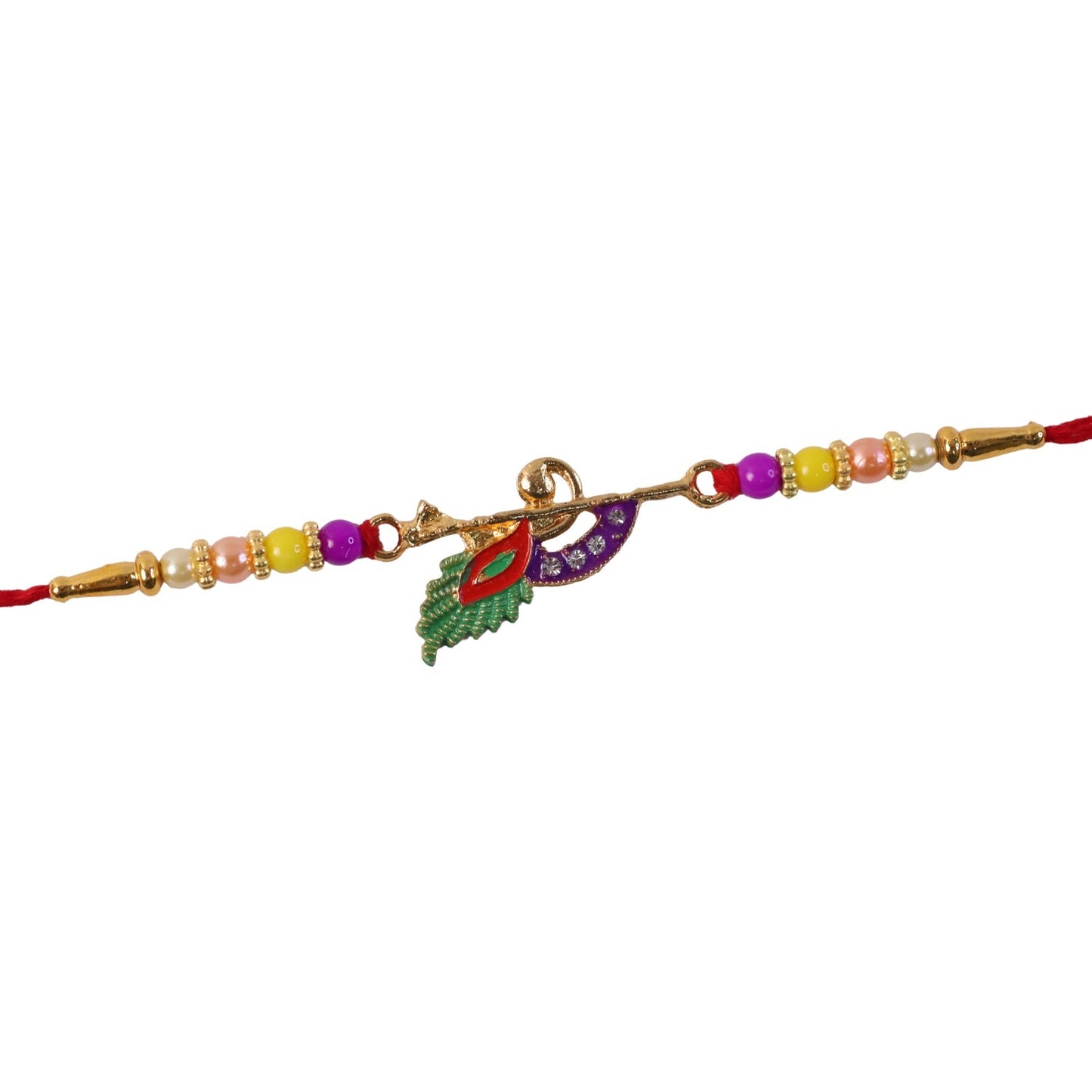 Colorful beads and soft thread on Peacock Feather Flute Rakhi