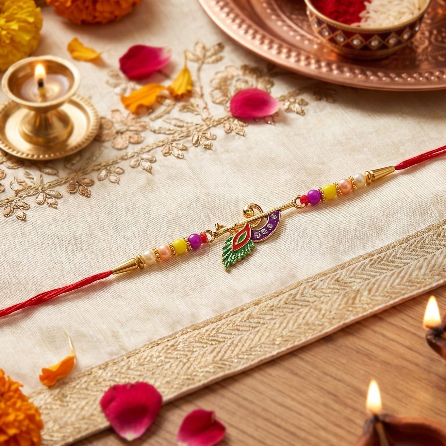 Side view of Peacock Feather Flute Rakhi highlighting thread and beads