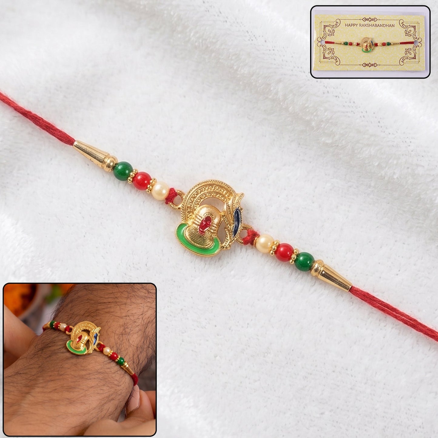 Shivling Design Rakhi with colorful beads close-up