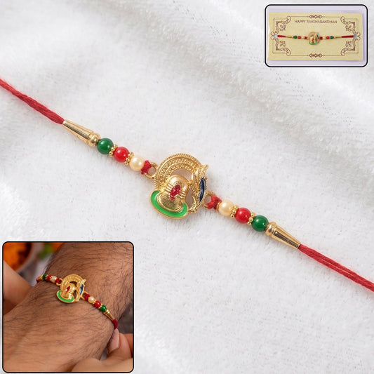 Shivling Design Rakhi with colorful beads close-up