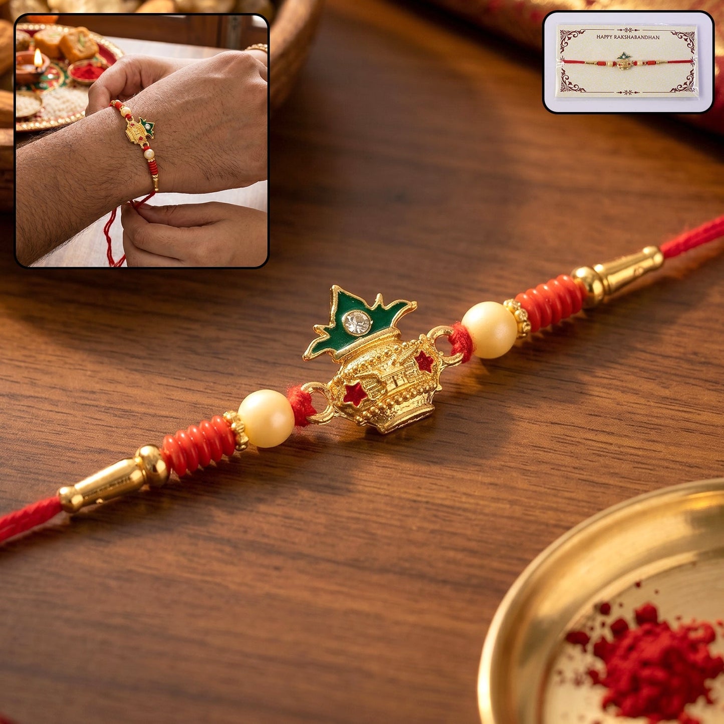 Kalash Design Rakhi with pearl beads close-up