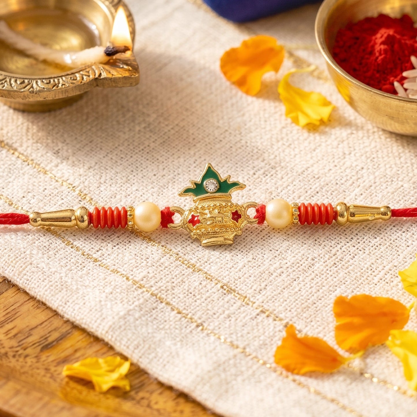Full view of Kalash Rakhi on white background