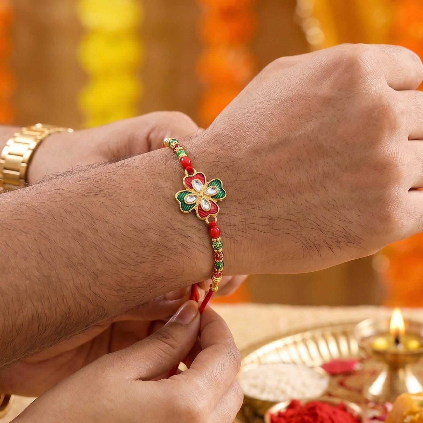 Traditional colorful thread with decorative beads on Rakhi