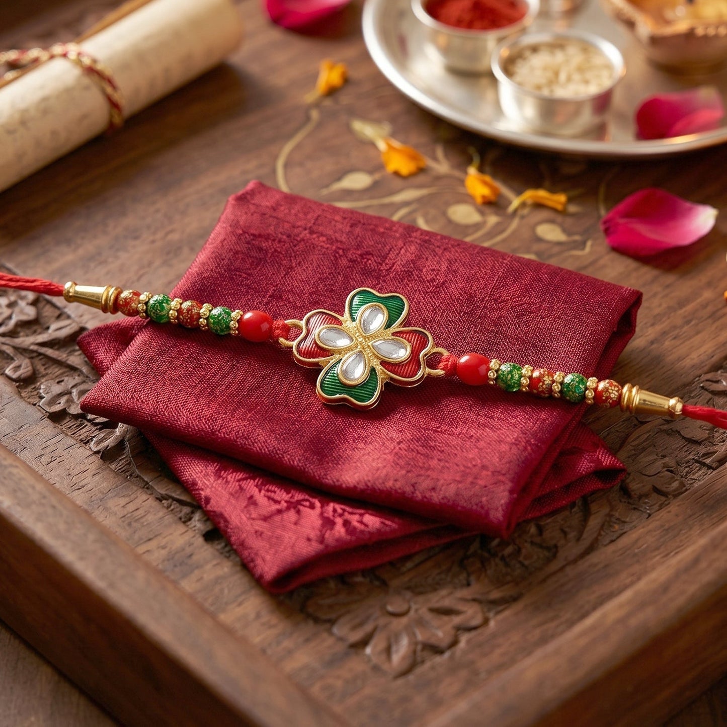 Vibrant designer Rakhi showcasing colorful beads and centerpiece