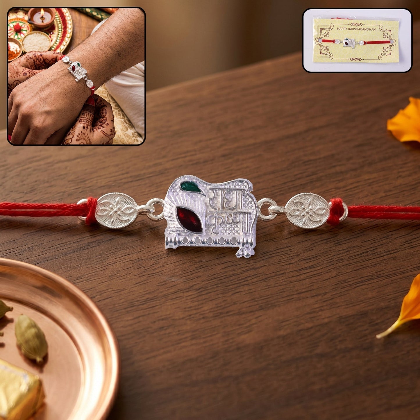 Radha Krishna designer Rakhi with decorative beads for Raksha Bandhan