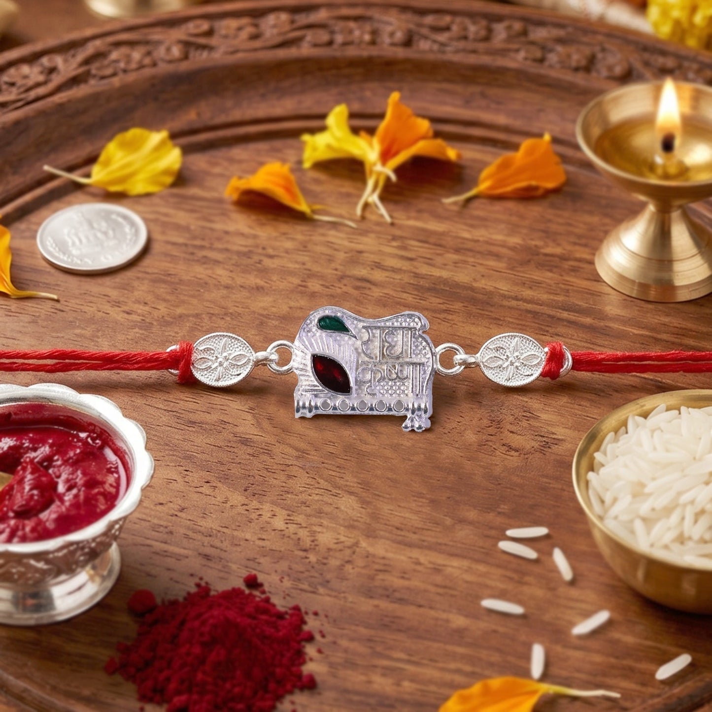 Close-up of Radha Krishna decorative beads on Rakhi