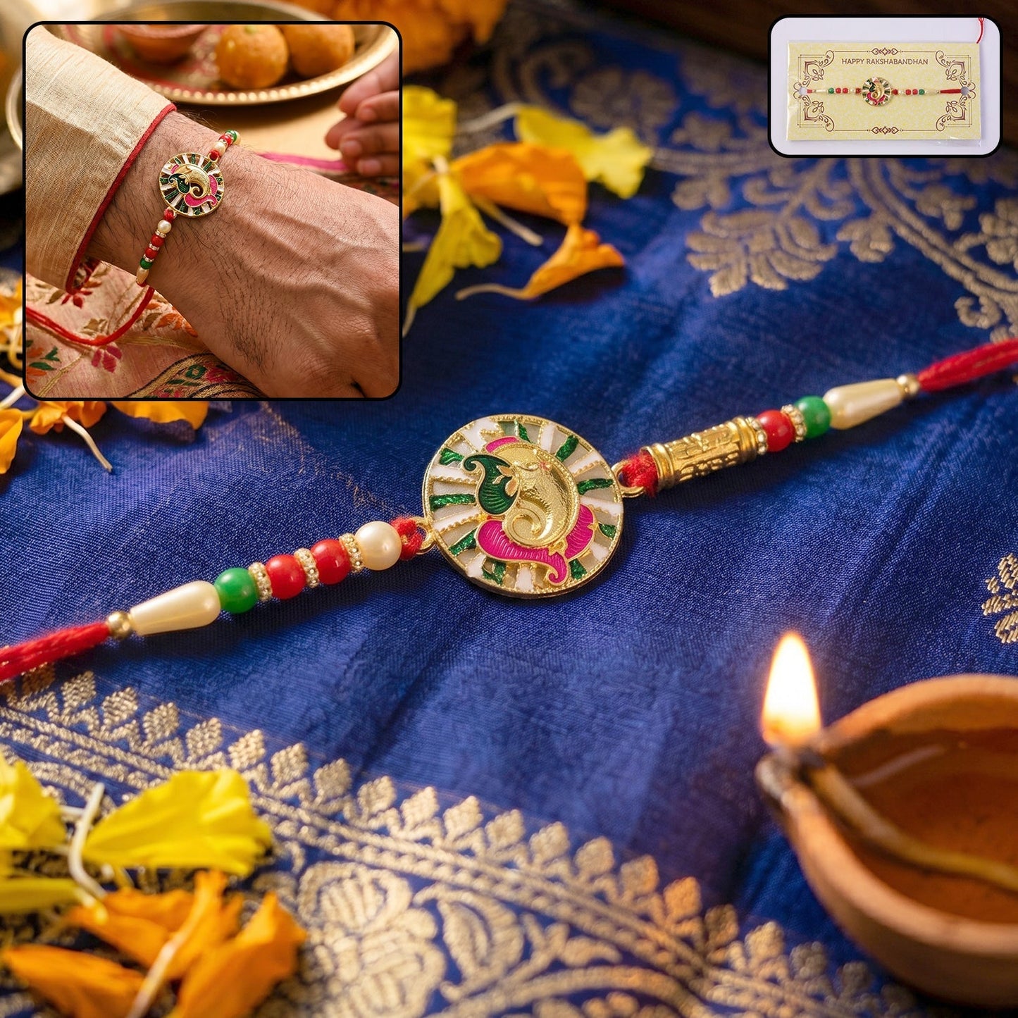 Round Ganesh design Rakhi with colorful beads and traditional thread