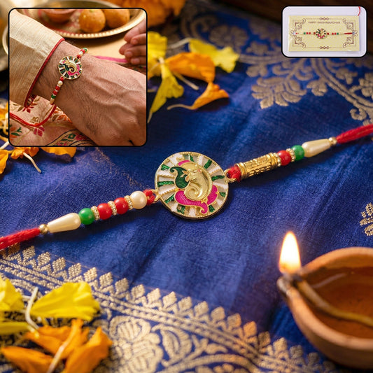 Round Ganesh design Rakhi with colorful beads and traditional thread