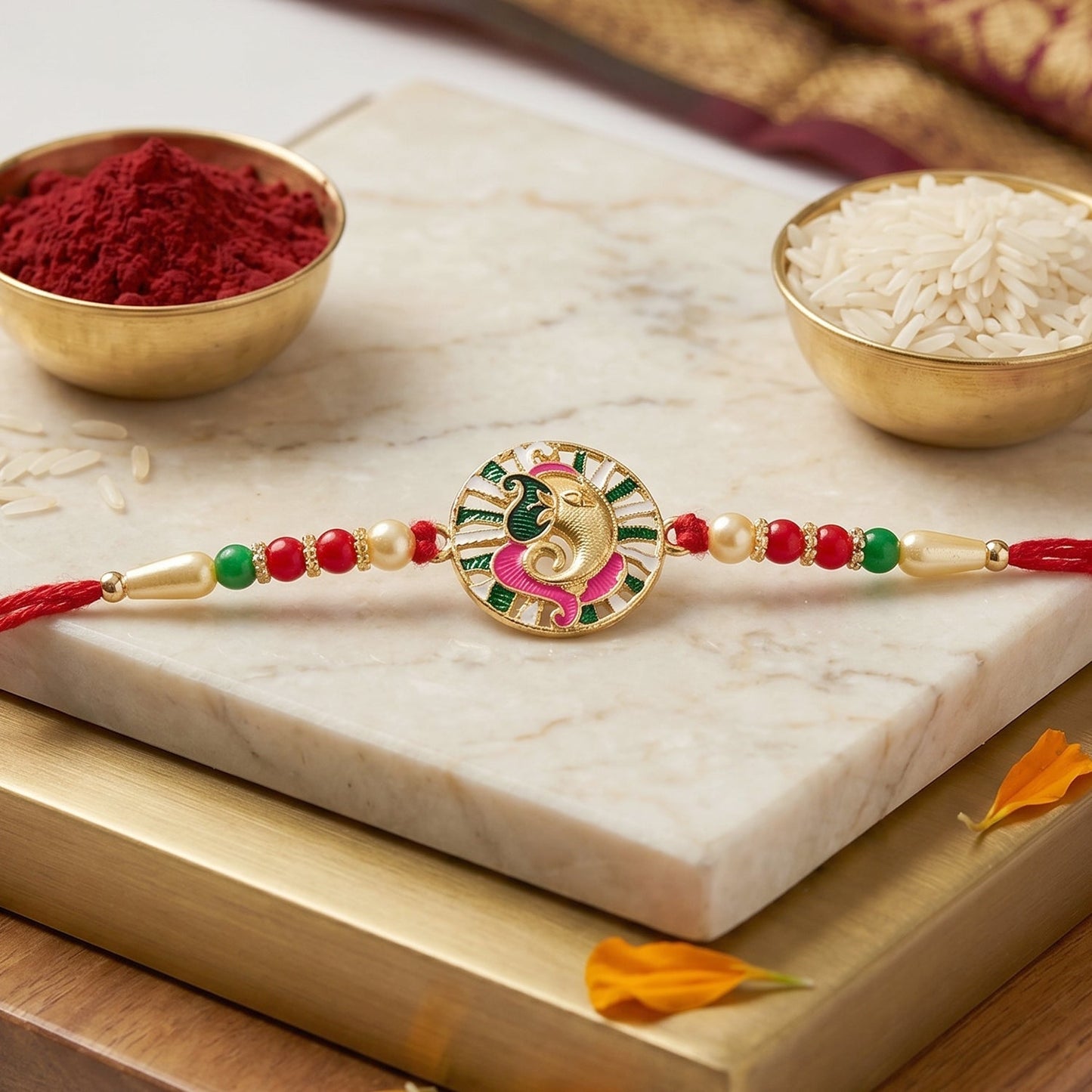 Detailed view of Rakhi's thread and bead work