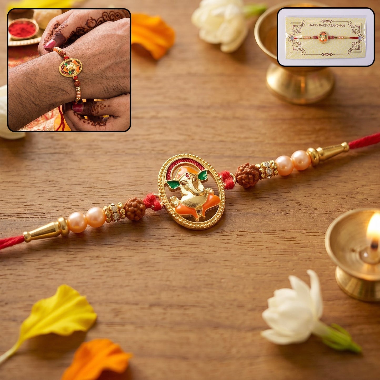 Ganesh Design Rakhi with Rudraksha beads, traditional festival thread