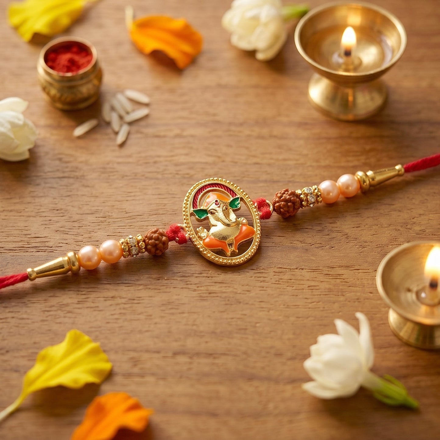 Traditional Ganesh Rakhi showcasing beads and detailed centerpiece