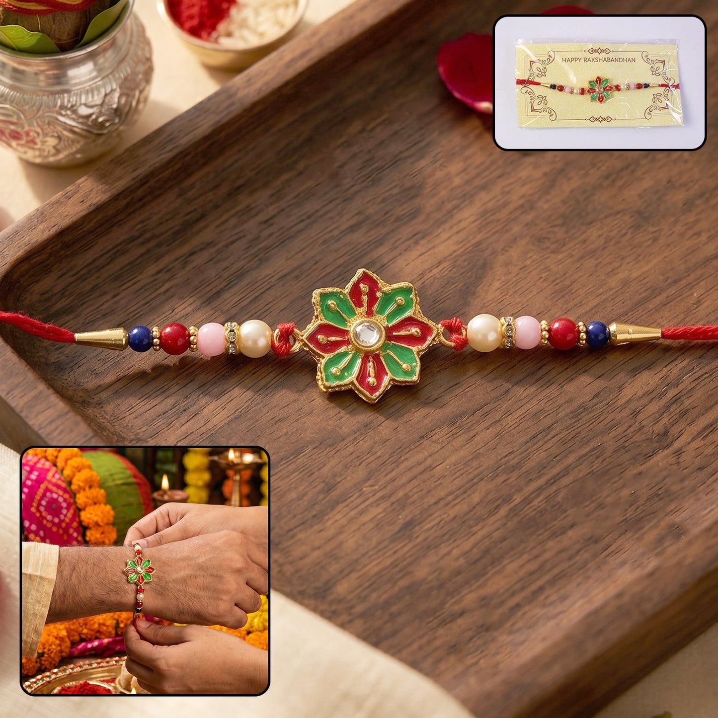 Colorful floral design Rakhi with decorative beads and soft thread