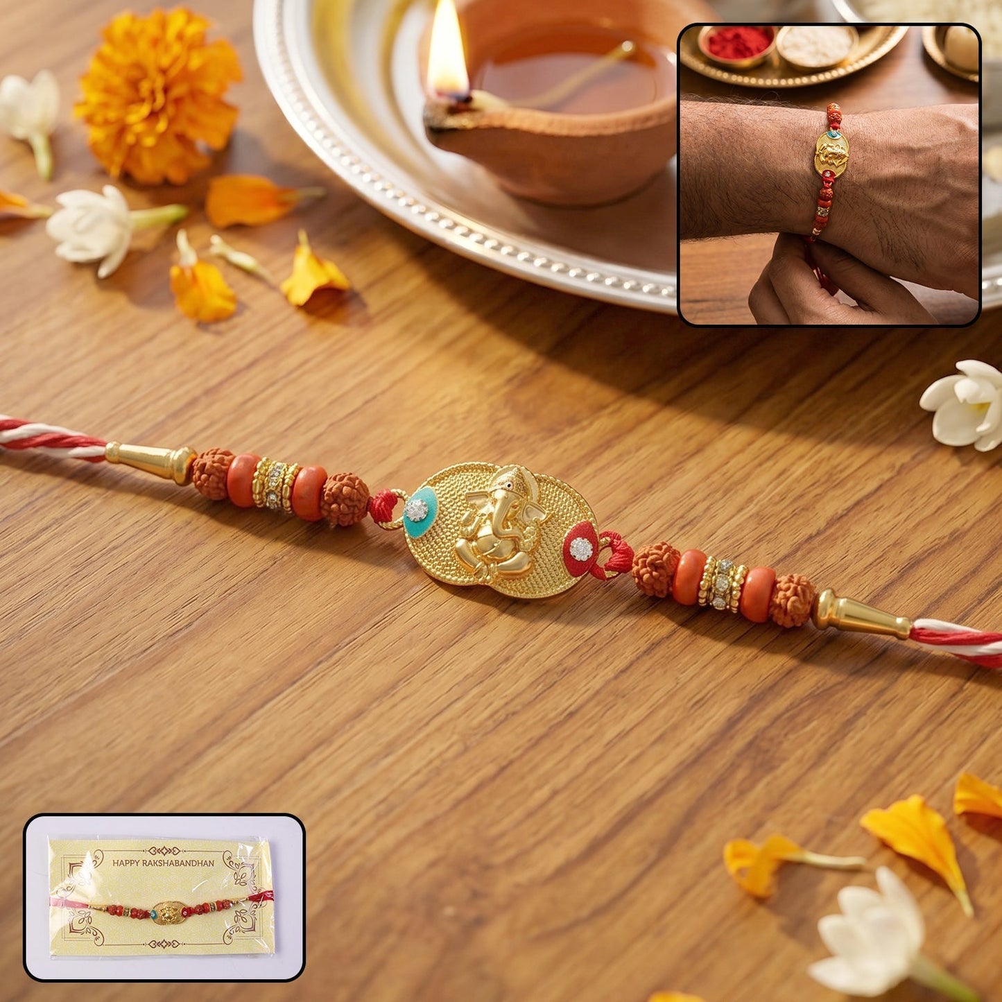 Ganesh Design Rakhi with decorative beads on soft thread