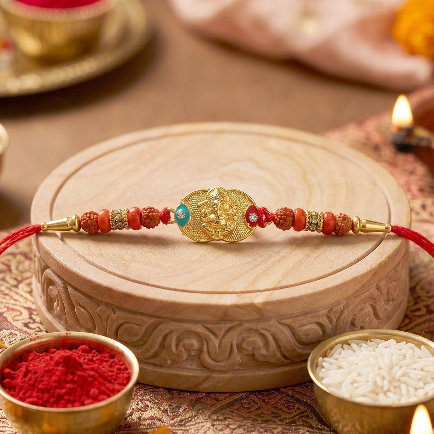Close-up of Ganesh centerpiece on decorative Rakhi