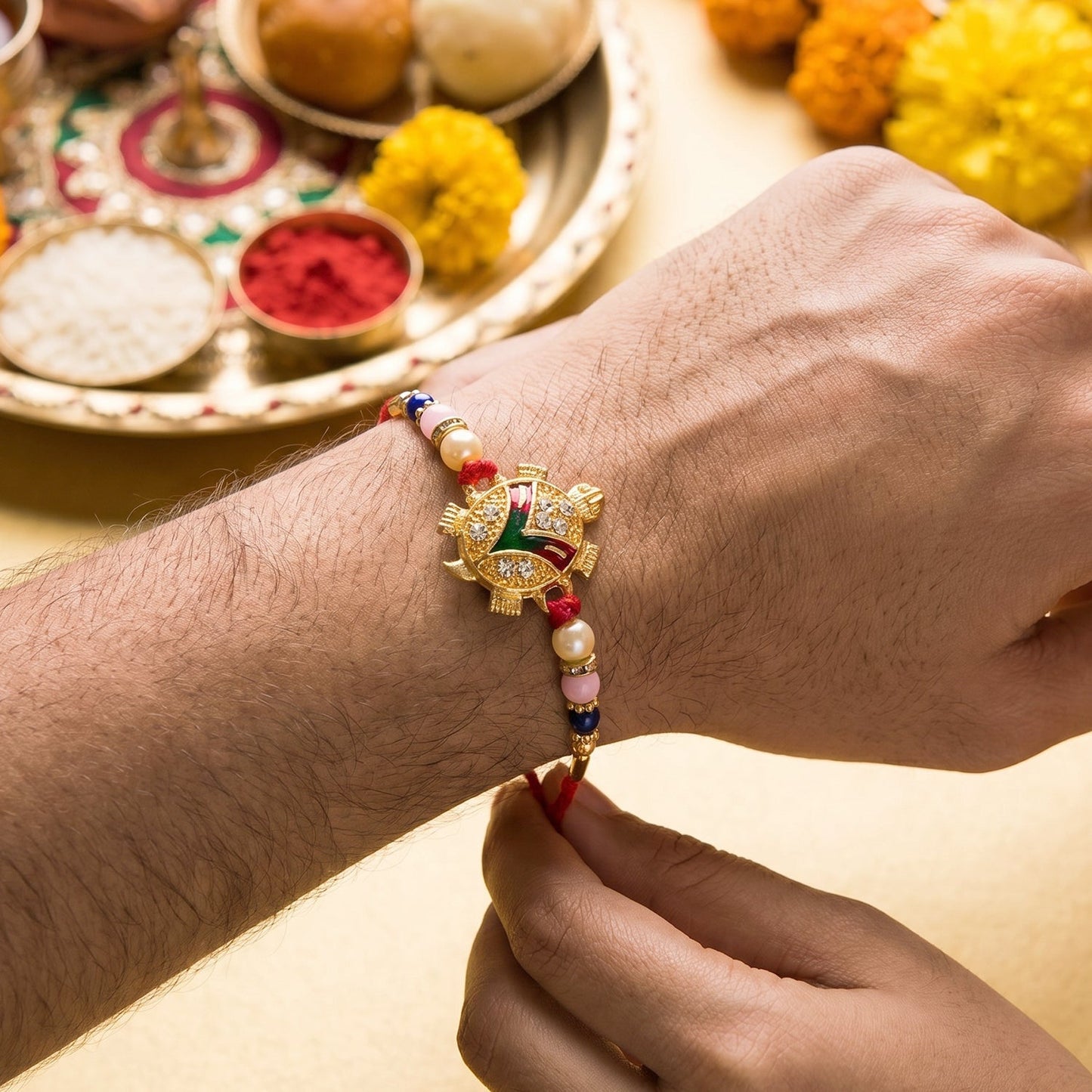 Soft thread golden turtle Rakhi for Raksha Bandhan celebration