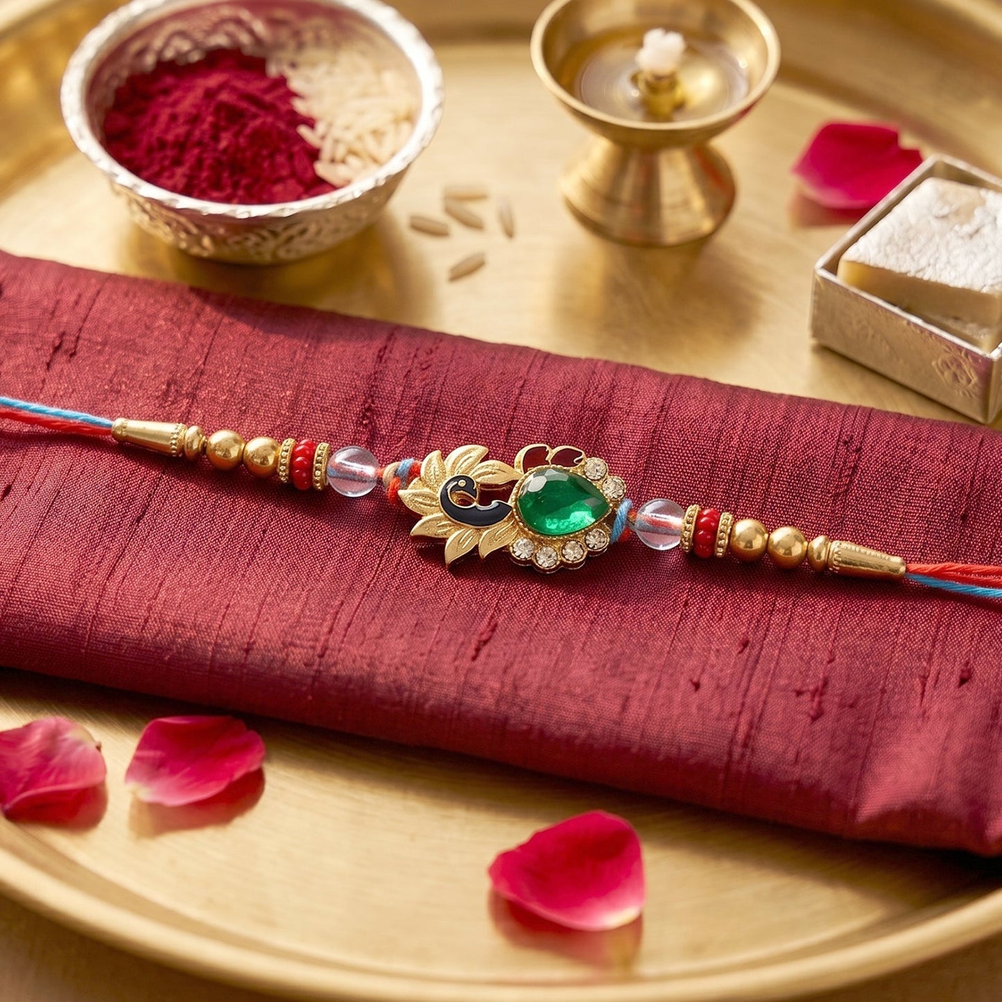 Close-up of Silver Peacock Rakhi centerpiece