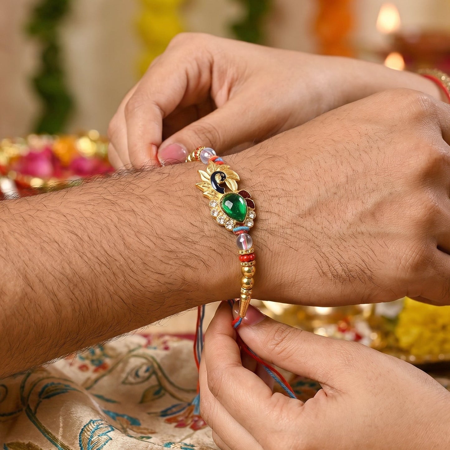 Side view of Silver Peacock Design Rakhi