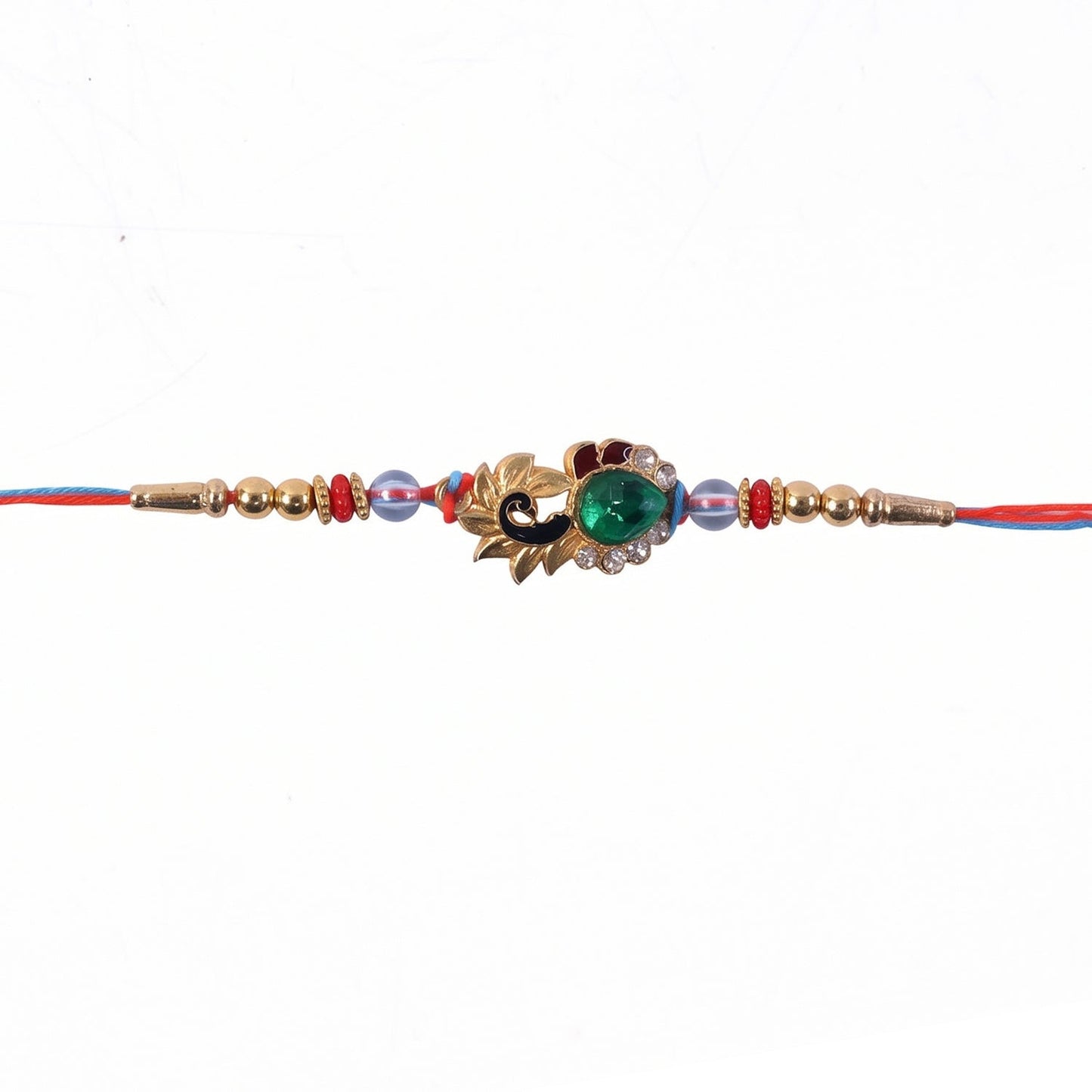 Silver Peacock Rakhi with red thread detail