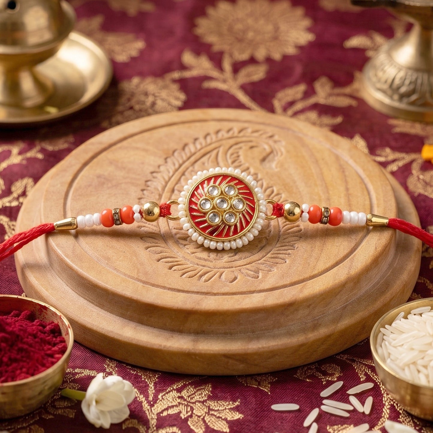 Traditional Rakhi showcasing floral centerpiece and vibrant beads