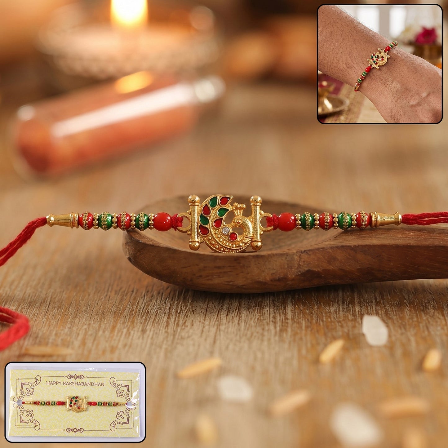 Traditional peacock Rakhi with colorful beads and soft thread design