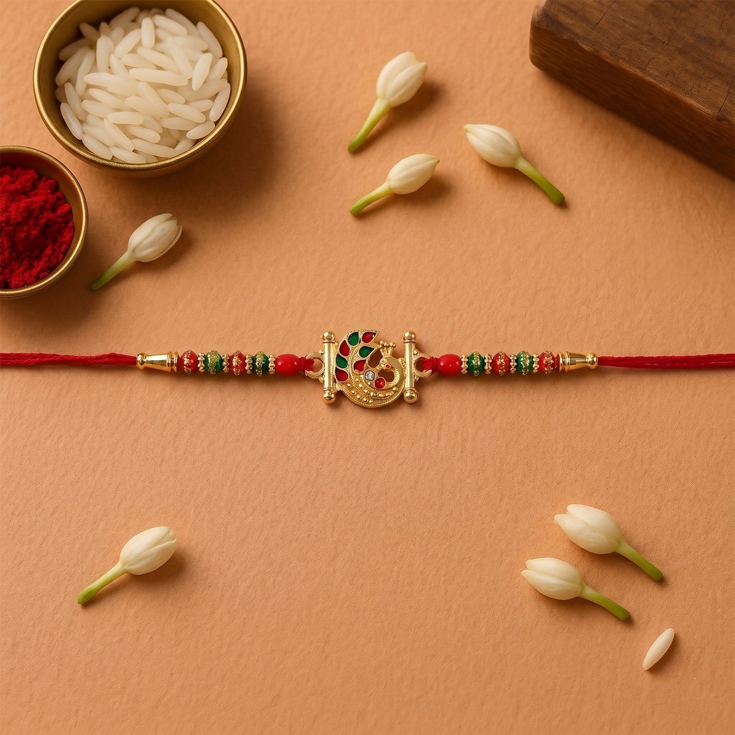 Golden peacock Rakhi featuring decorative beads and stylish centerpiece