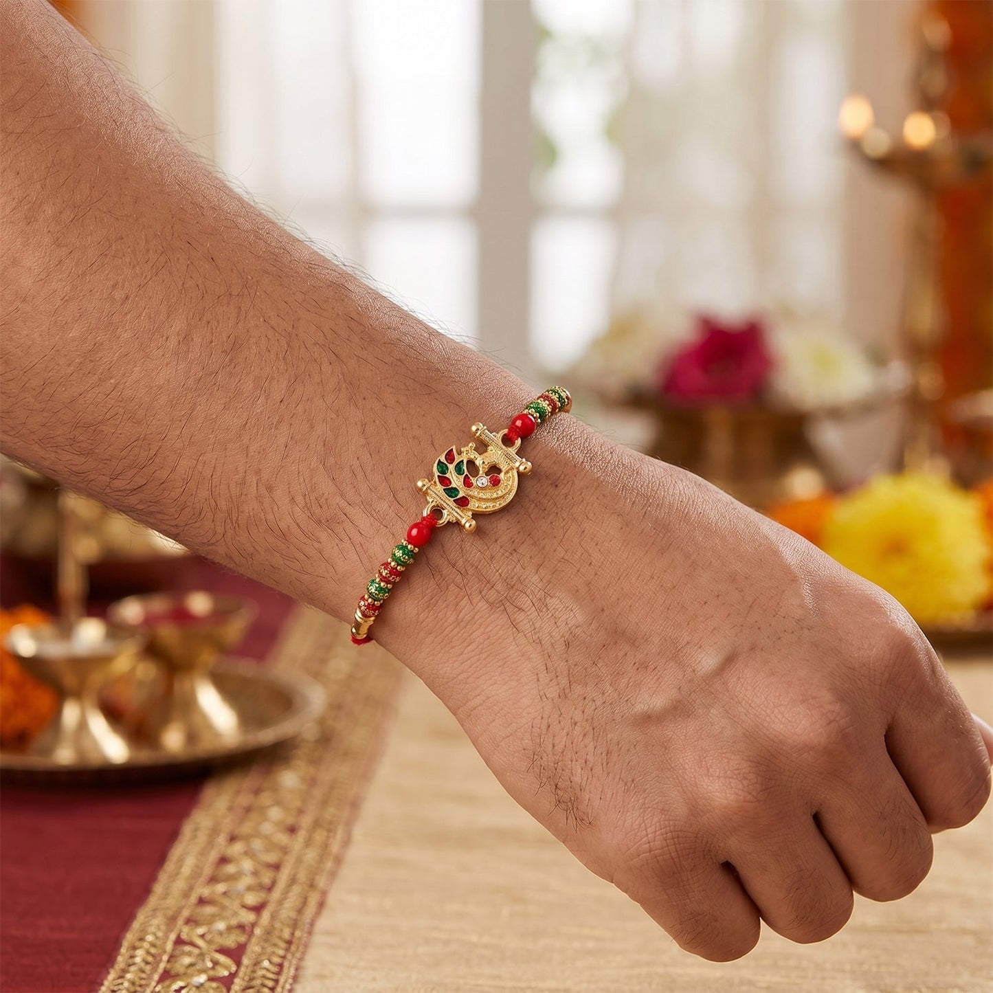 Soft thread Rakhi with peacock motif and vibrant bead embellishments