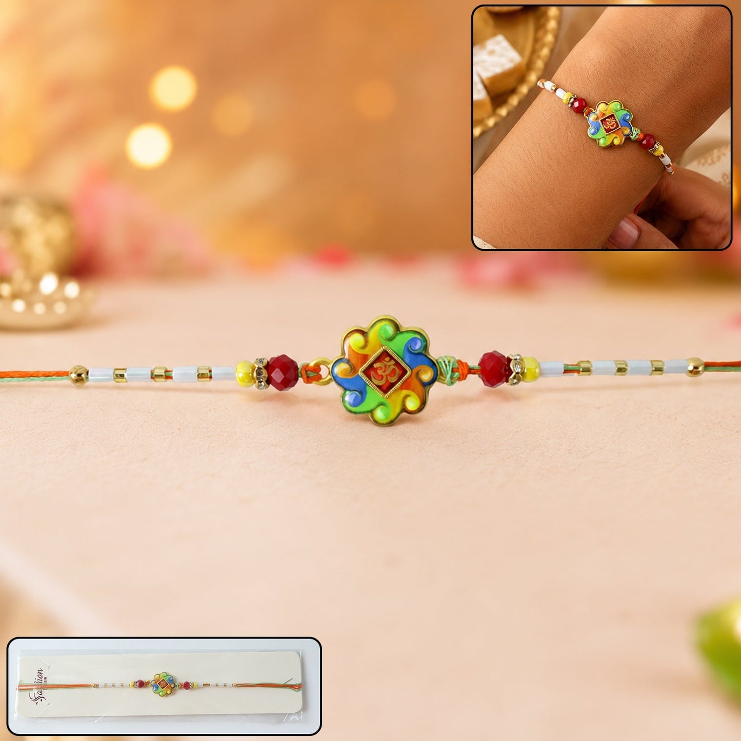 Colorful Om Design Rakhi with decorative beads for festival