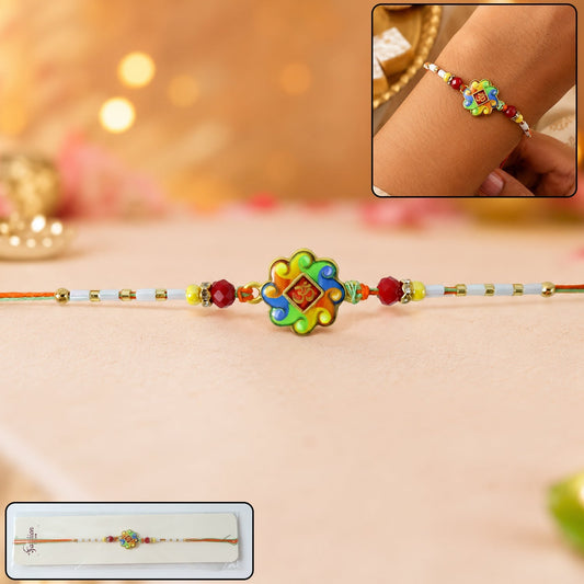 Colorful Om Design Rakhi with decorative beads for festival